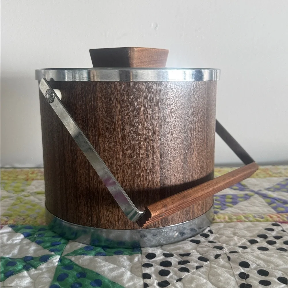VINTAGE 60s/70s Mid Century KROMEX Walnut & Chrome Steel Ice Bucket, Butter Dish